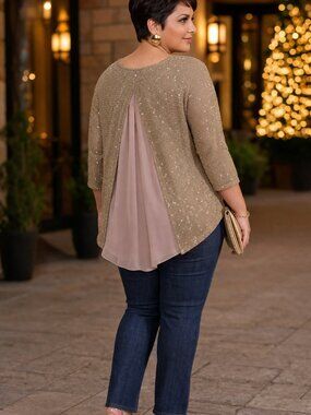 Simply Noelle L/XL Gold Shimmer Knit Top Layered Back Blouse Elegant